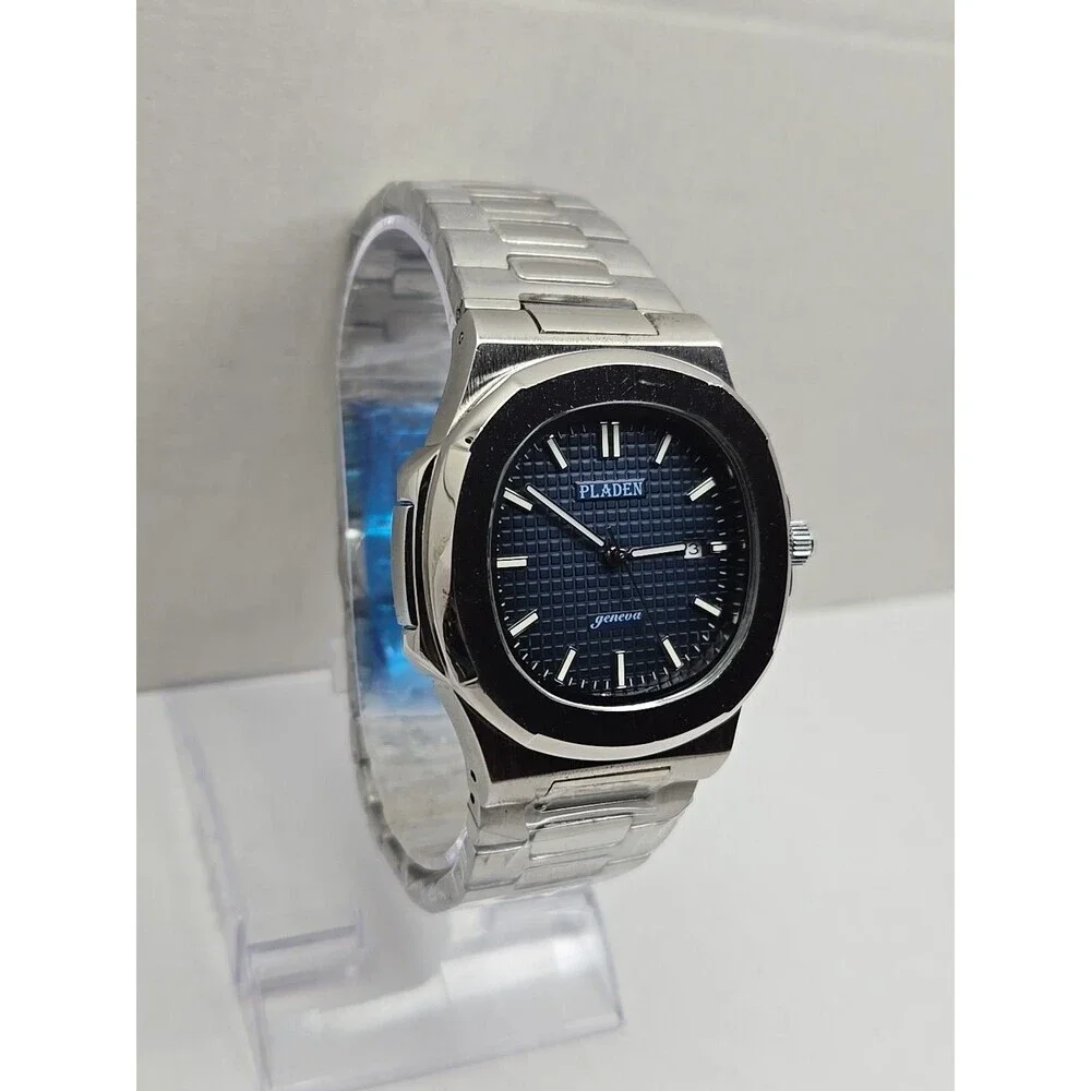 PLADEN Geneva Blue Dial Stainless Steel Date Quartz Watch New Battery Mens